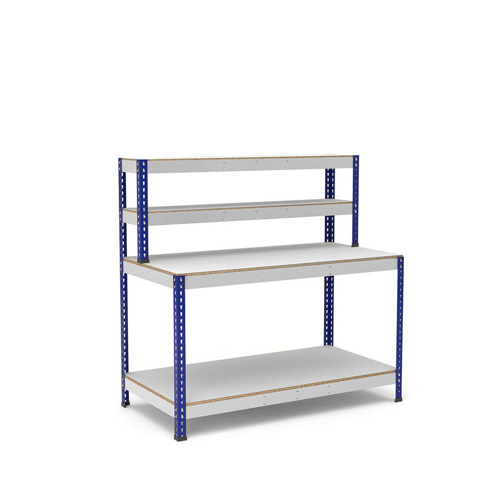 Mesa de trabajo azul y gris con repisa y 2 bandejas de melamina sin cantear