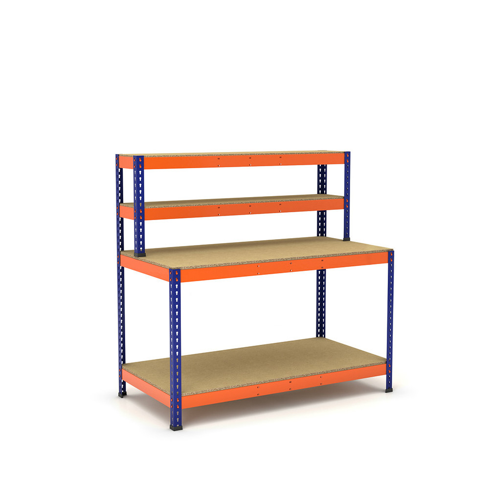 Mesa de trabajo azul y naranja con repisa y 2 bandejas de aglomerado