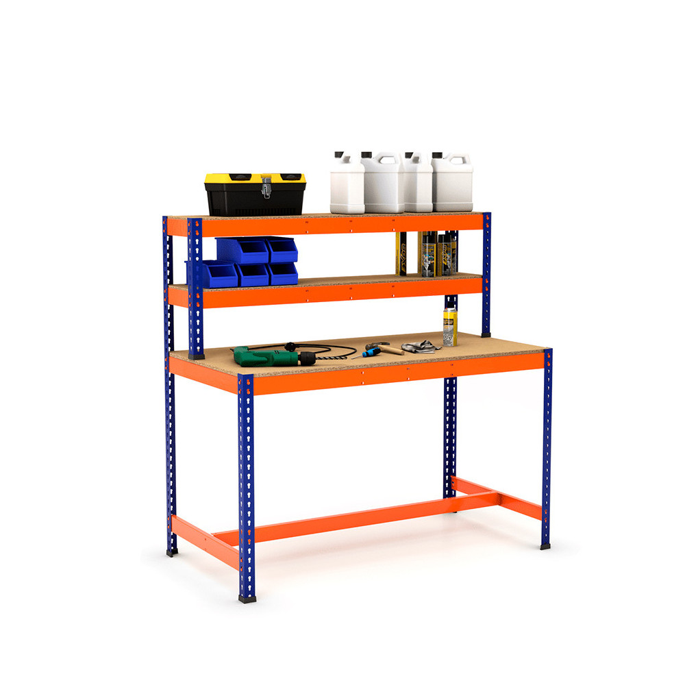 Mesa de trabajo con repisa y reposapiés azul y naranja con aglomerado y producto