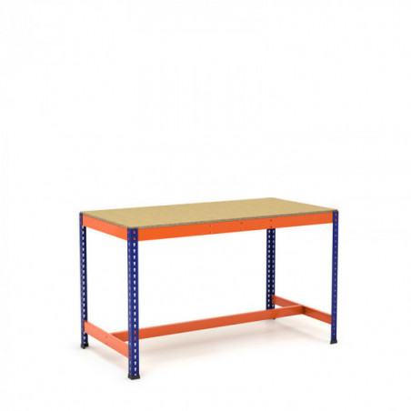 Mesa de trabajo con reposapiés azul y naranja con aglomerado