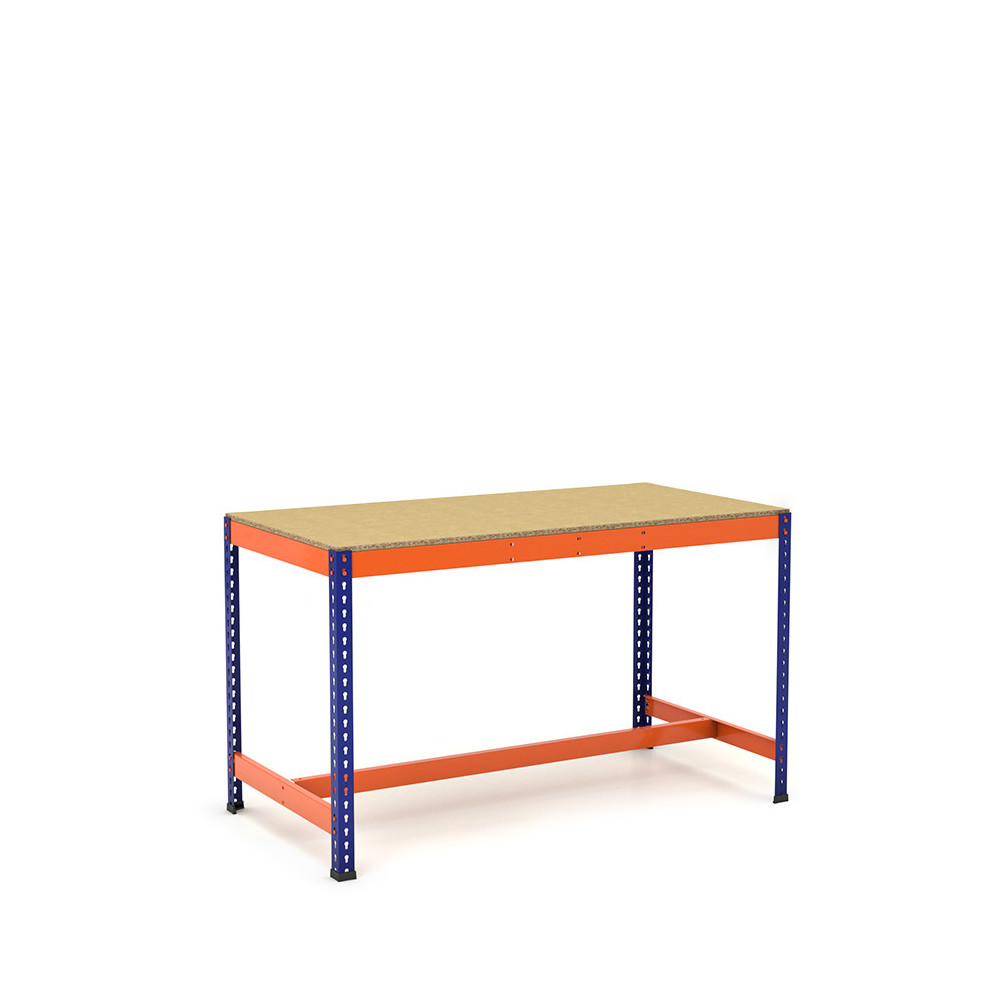 Mesa de trabajo con reposapiés azul y naranja con aglomerado