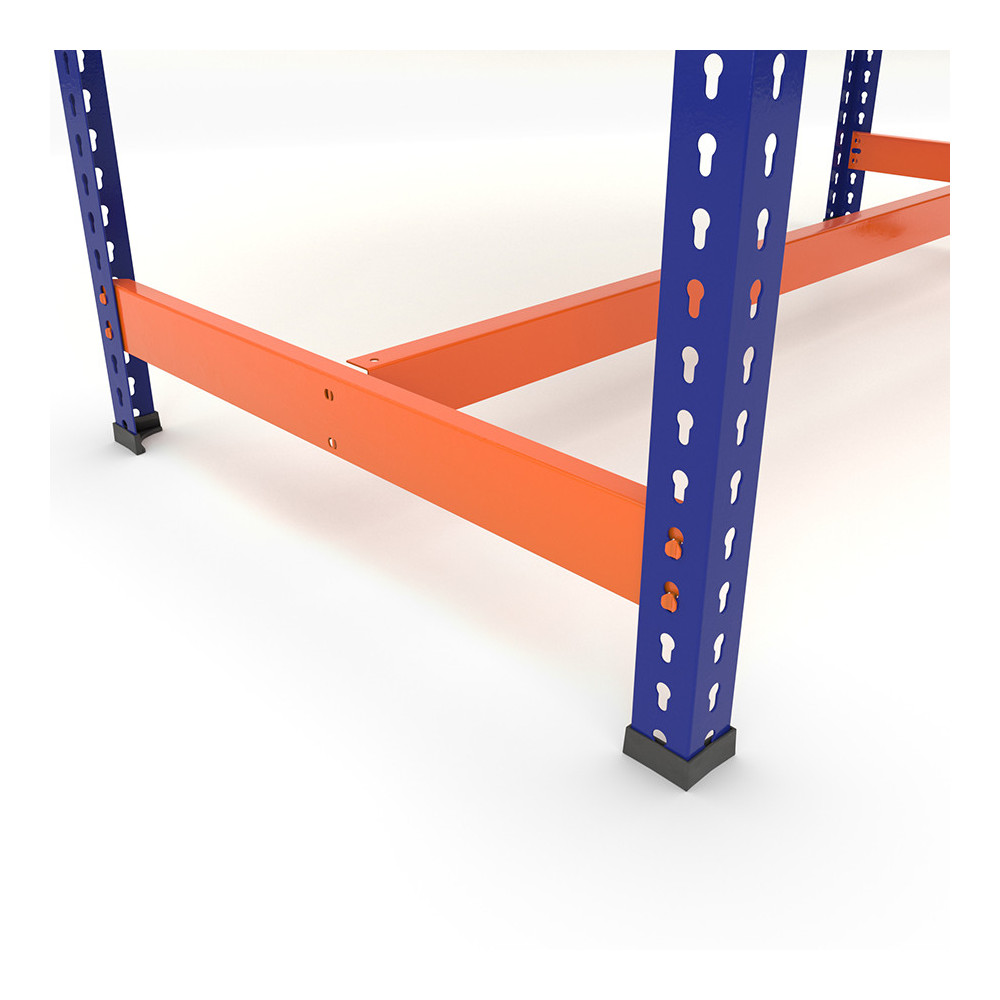 Mesa de trabajo con reposapiés azul y naranja - Detalle