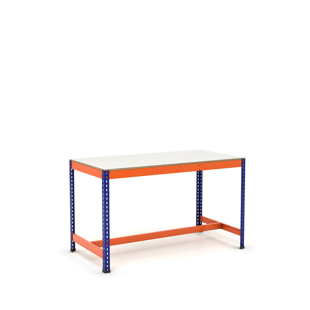Mesa de trabajo con reposapiés azul y naranja con melamina sin cantear