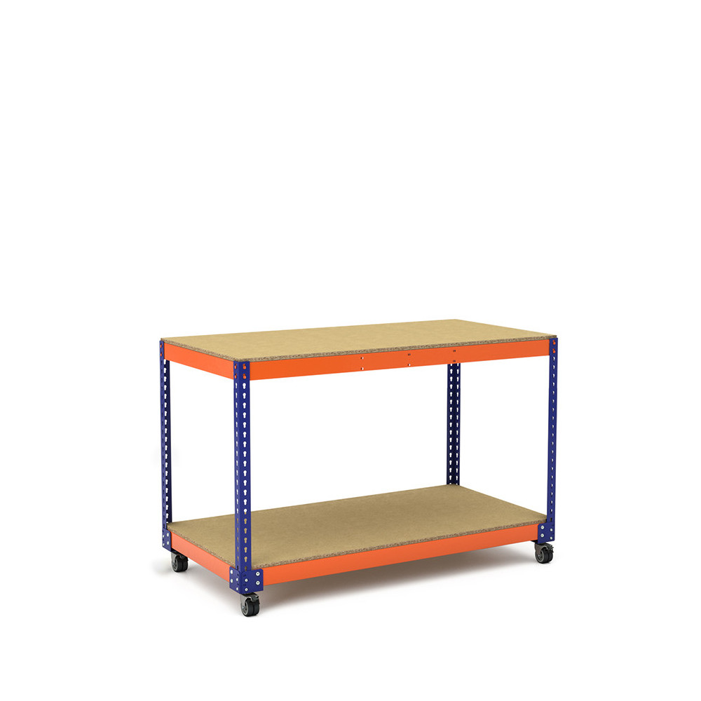 Mesa de trabajo con ruedas azul y naranja con 2 baldas de aglomerado