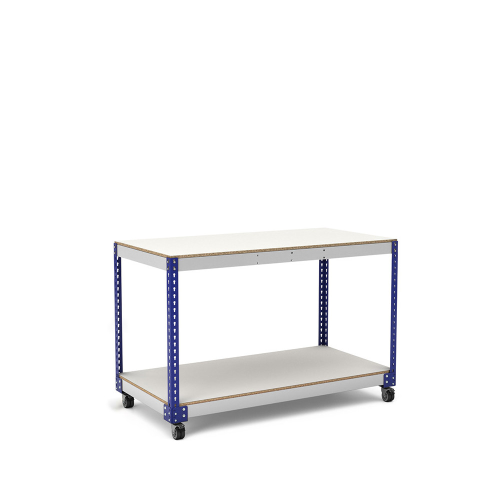 Mesa de trabajo con ruedas azul y gris con 2 baldas de melamina sin cantear