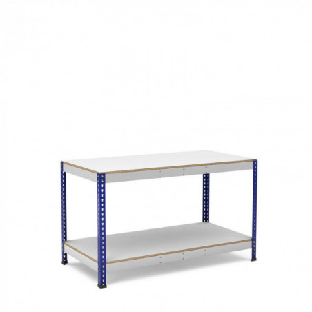 Mesa de trabajo azul y gris con 2 bandejas de melamina sin cantear
