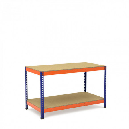 Mesa de trabajo azul y naranja con 2 bandejas de aglomerado