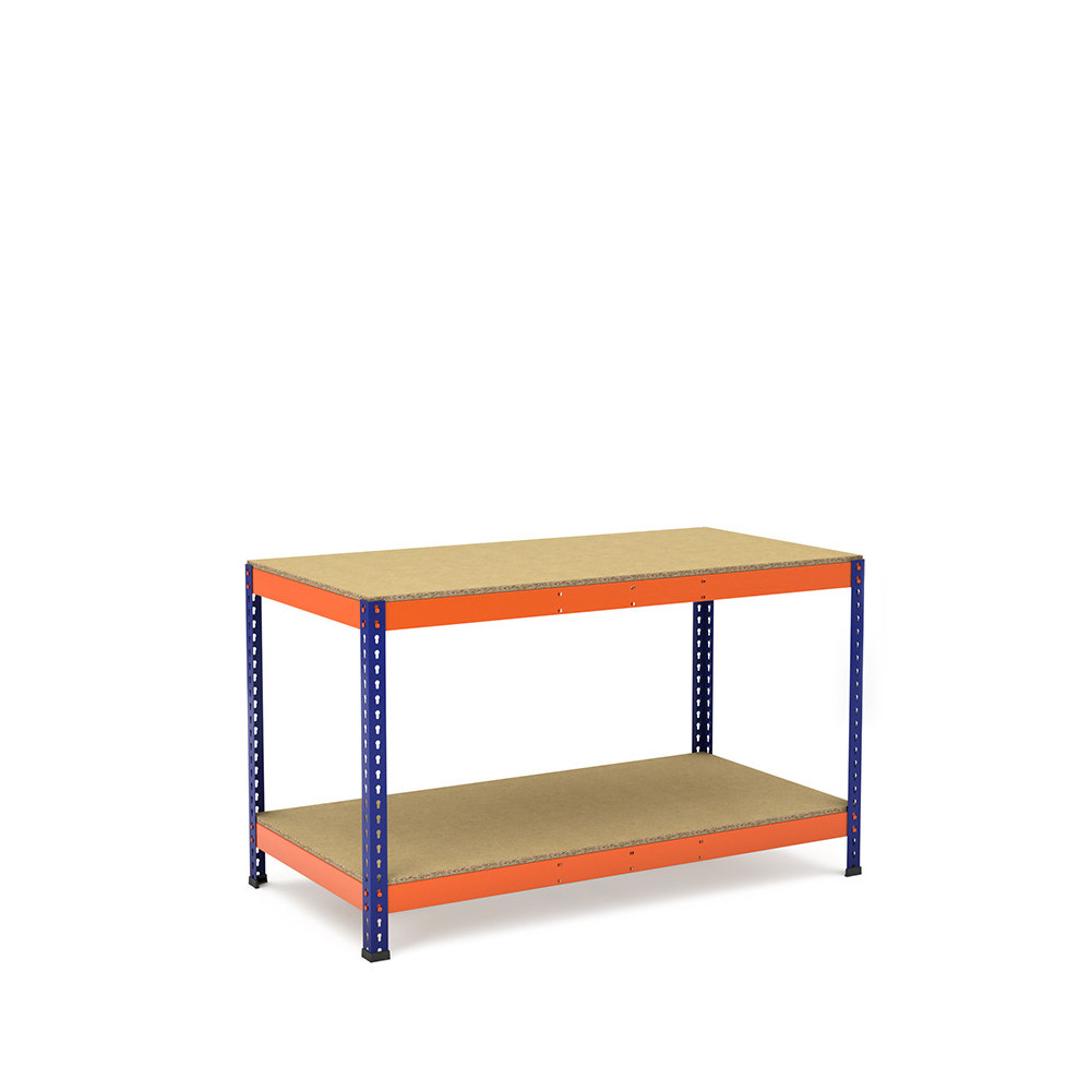 Mesa de trabajo azul y naranja con 2 bandejas de aglomerado